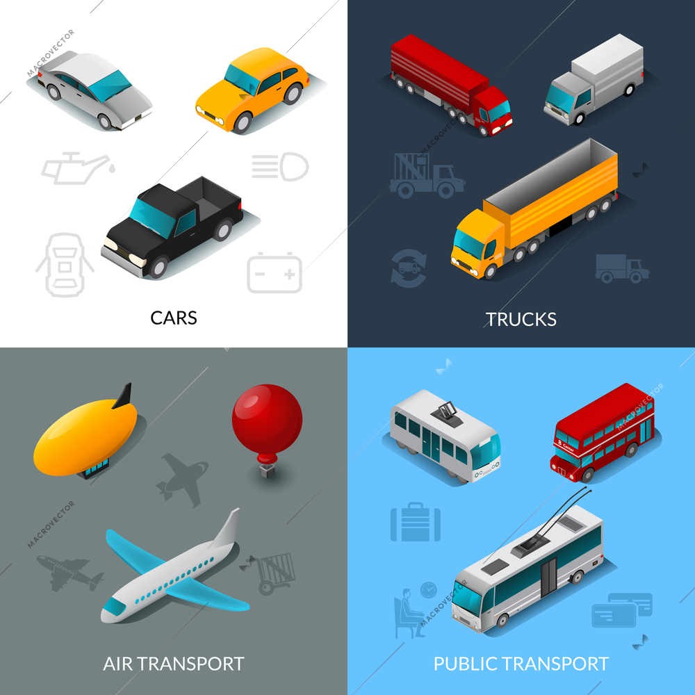 Transport design concept set with cars trucks air and public transport isometric icons isolated vector illustration