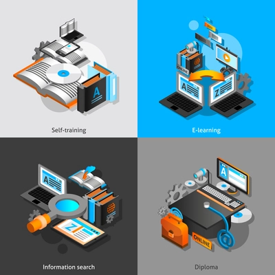 E-learning design concept set with self training and graduation isometric icons isolated vector illustration