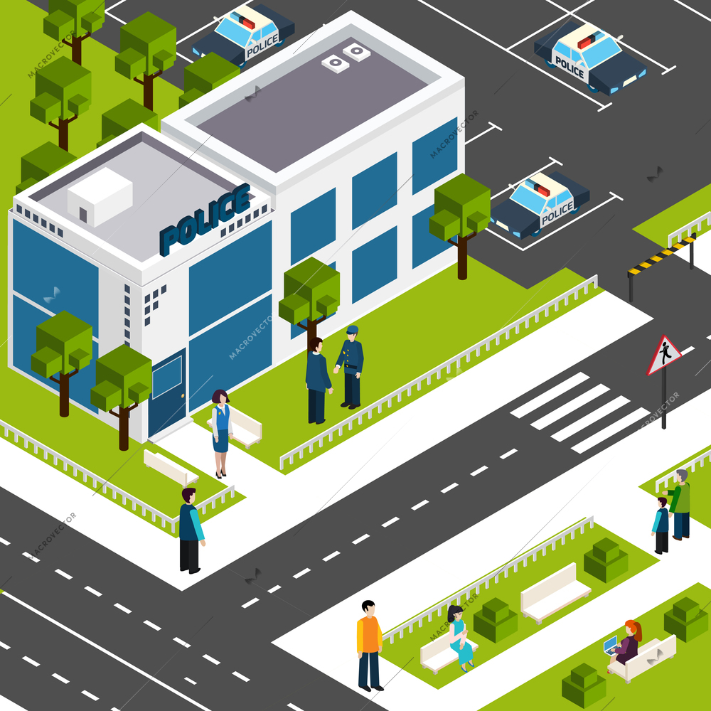 Police department station building street view with parking lot and surroundings background poster isometric abstract vector illustration