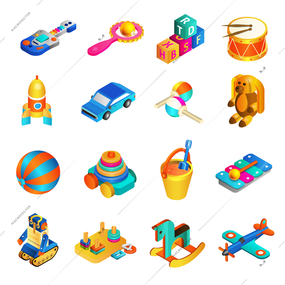 Toys isometric set with 3d rocking horse drums and rocket isolated vector illustration