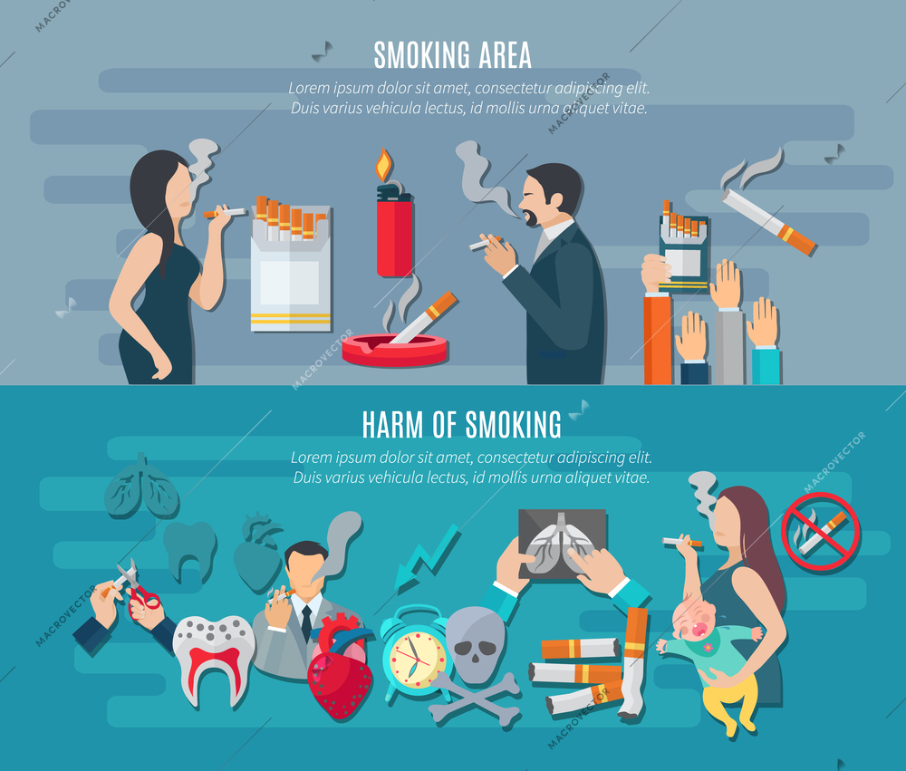 Smoking horizontal banner set with addiction hazard elements isolated vector illustration