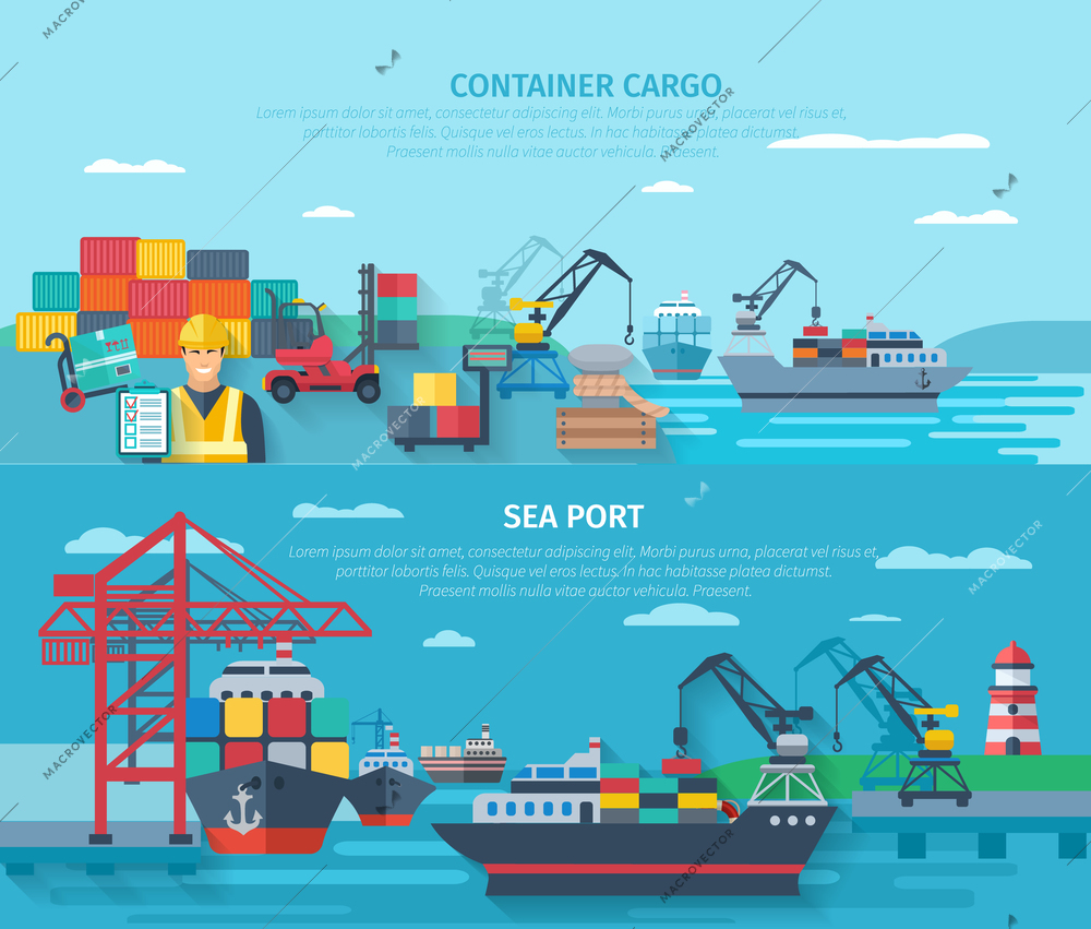 Sea port horizontal banner set with container cargo elements flat isolated vector illustration