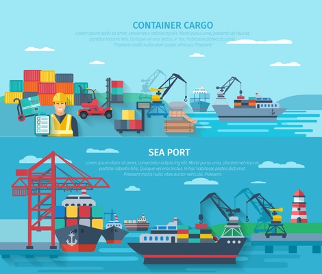 Sea port horizontal banner set with container cargo elements flat isolated vector illustration