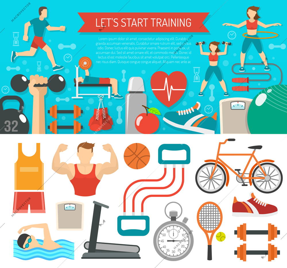 Fitness banner horizontal set with sport equipments flat isolated vector illustration