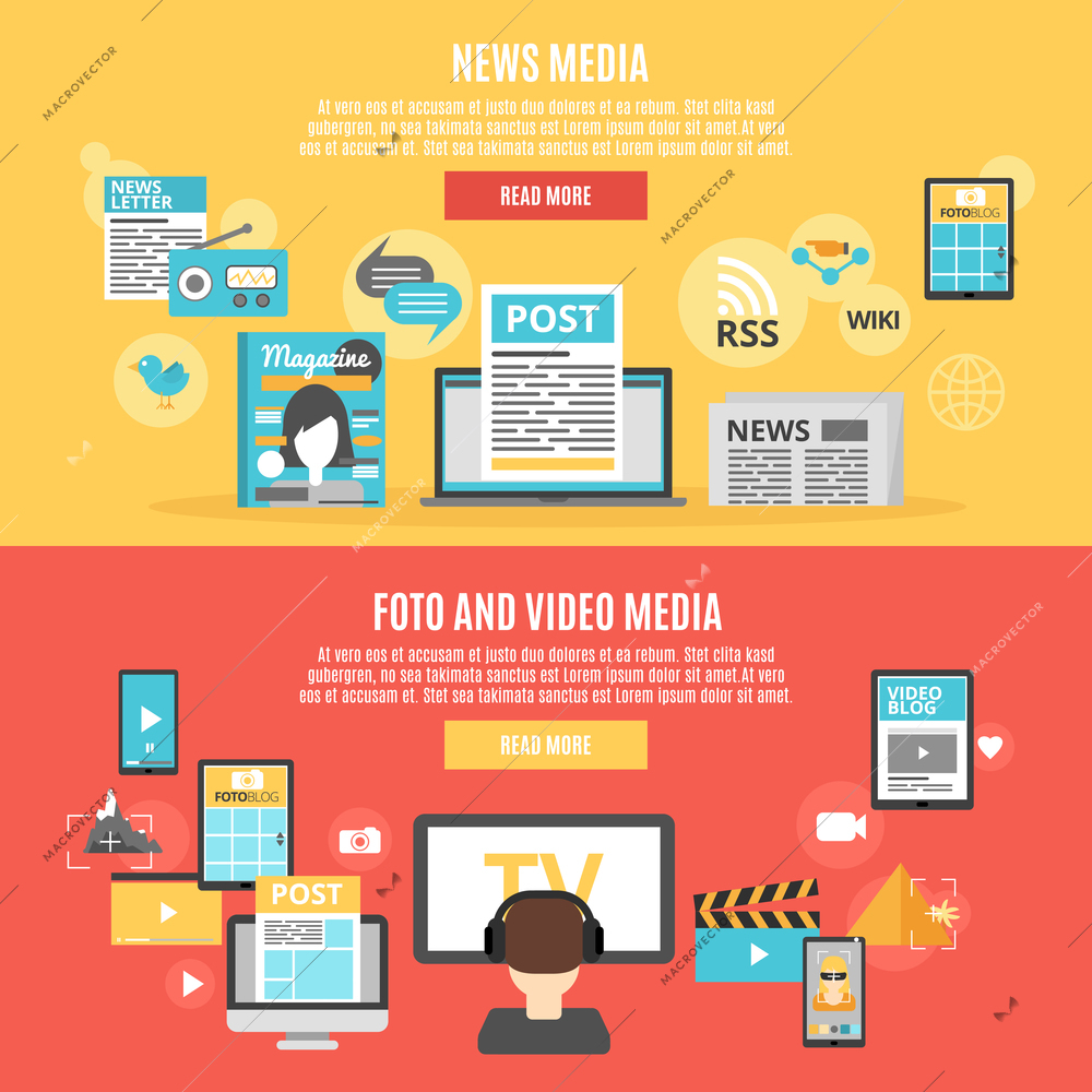 Press and social media horizontal banners set with photo and video blogs symbols flat isolated vector illustration