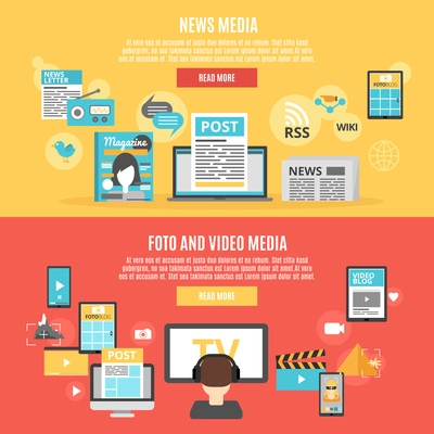 Press and social media horizontal banners set with photo and video blogs symbols flat isolated vector illustration