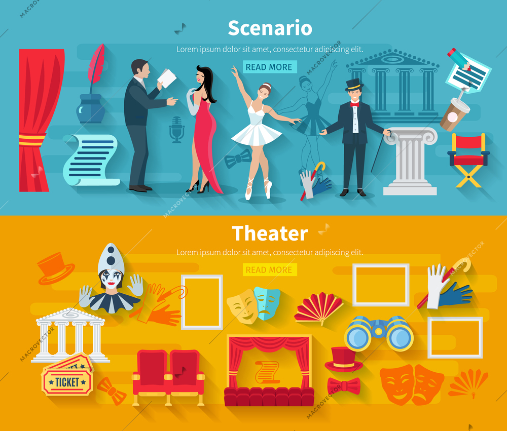 Theater horizontal banner set with scenario flat elements isolated vector illustration