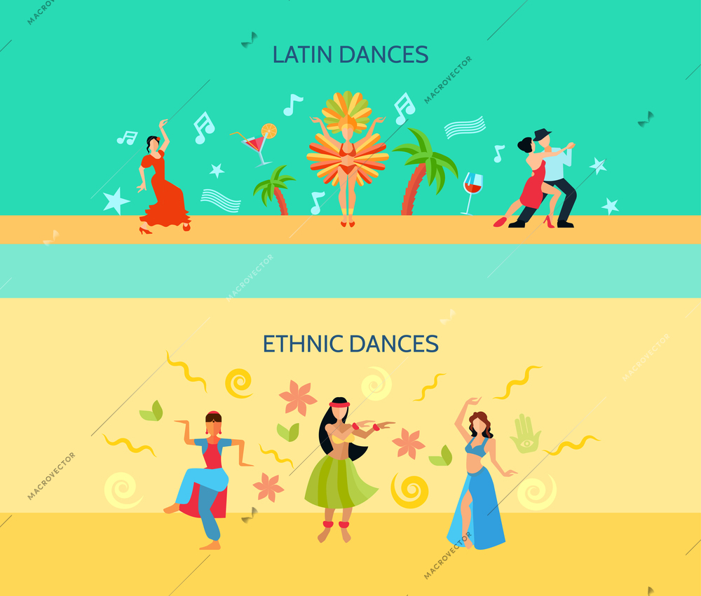 Horizontal flat style banners with latin music and oriental ethnic dances isolated vector illustration