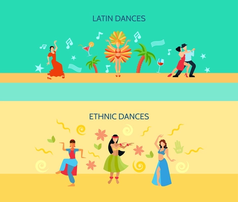 Horizontal flat style banners with latin music and oriental ethnic dances isolated vector illustration