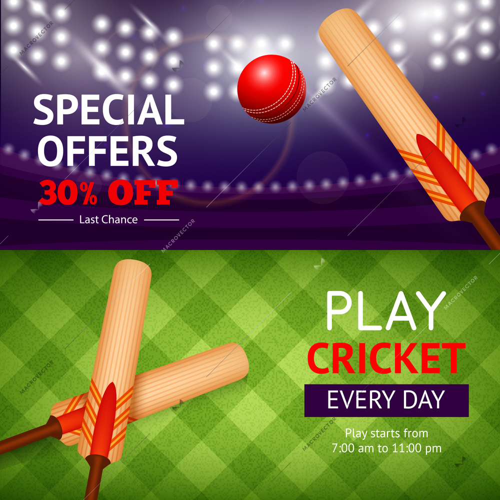 Cricket horizontal banner set with sport bat and ball isolated vector illustration