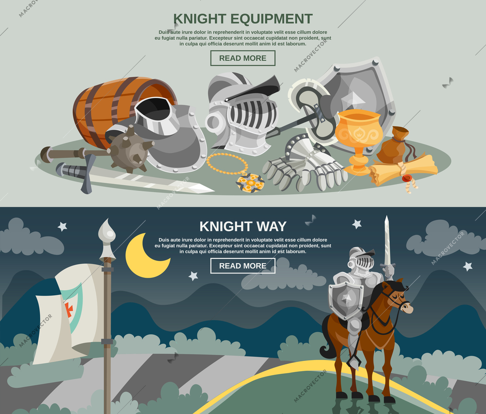 Knight horizontal banner set with medieval armor and weapon isolated vector illustration