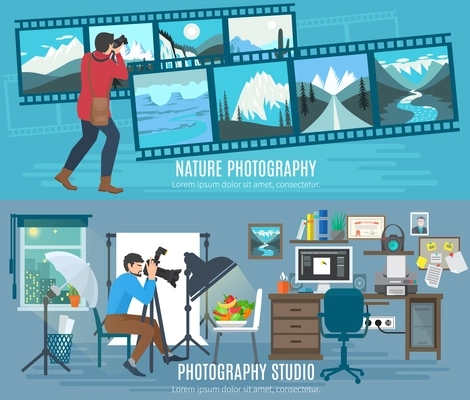 Photographer horizontal banner set with photography studio flat elements isolated vector illustration