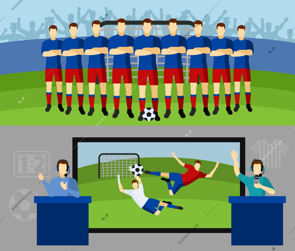 Men national soccer team and tv transmission with commentators 2 flat banners set abstract isolated vector illustration