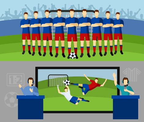 Men national soccer team and tv transmission with commentators 2 flat banners set abstract isolated vector illustration