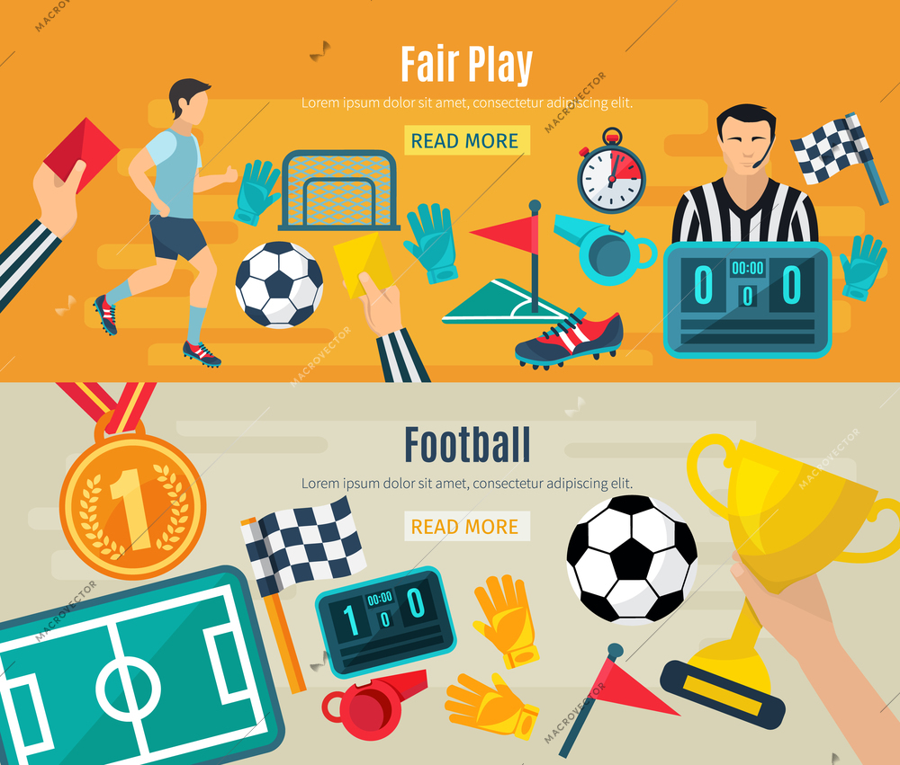 Soccer horizontal banner set with fair football play elements isolated vector illustration