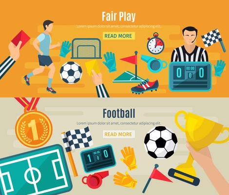 Soccer horizontal banner set with fair football play elements isolated vector illustration