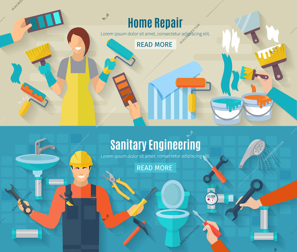 Home repair horizontal banner set with renovation and construction work elements isolated vector illustration