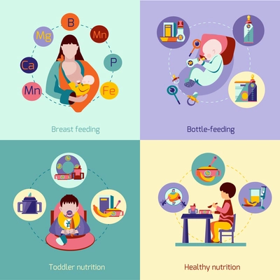 Baby nutrition design concept set with breast feeding flat icons isolated vector illustration