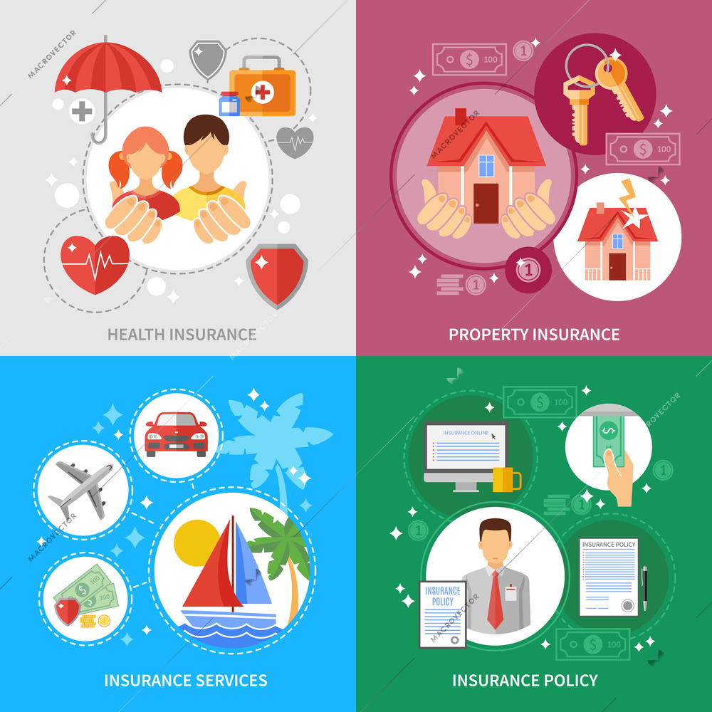 Insurance concept icons set with health property and insurance services symbols flat isolated vector illustration