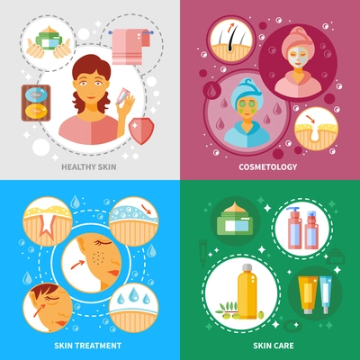 Skin treatment concept icons set with healthy skin and cosmetology symbols flat isolated vector illustration