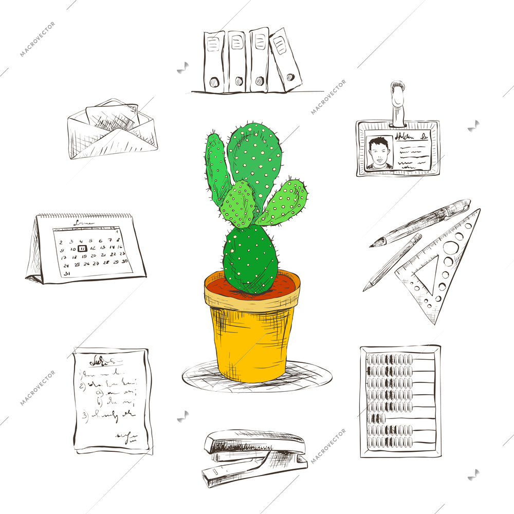 Business office stationery supplies icons set with decorative desktop cactus flower isolated sketch vector illustration