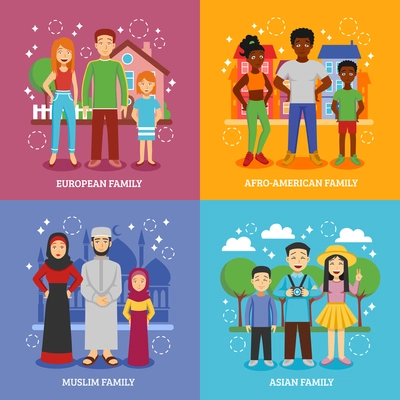 National families icons set with European Afro-American Muslim and Asian nationalities flat isolated vector illustration