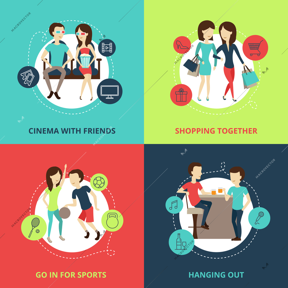 Friends concept icons set with cinema shopping and hanging out symbols flat isolated vector illustration