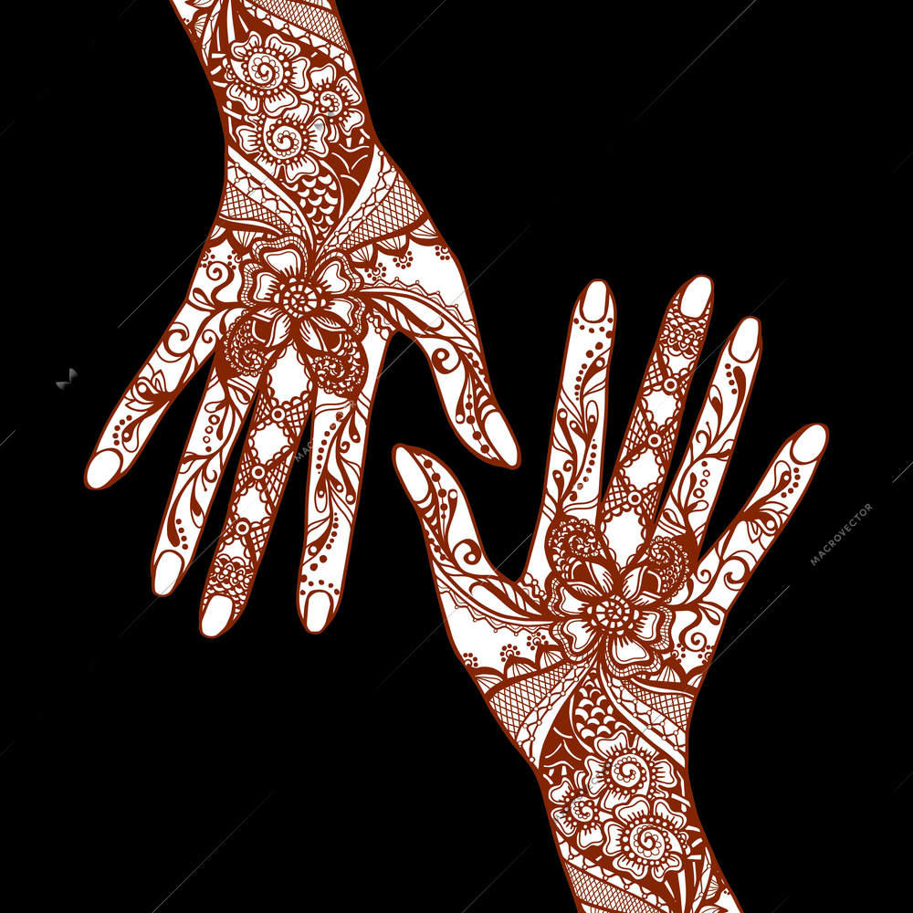 Female hands covered with traditional indian mehendi henna tattoo ornaments on black background vector illustration