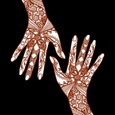 Female hands covered with traditional indian mehendi henna tattoo ornaments on black background vector illustration