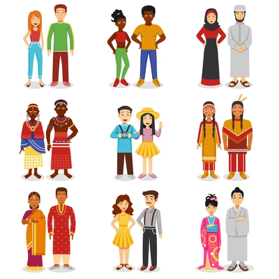 National couples icons set with European Asian and African people flat isolated vector illustration