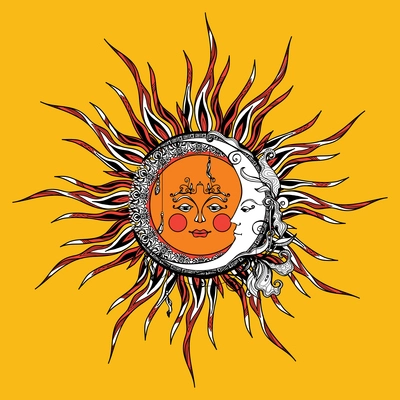 Tribal style sun and moon with antropomorphic face hand drawn vector illustration