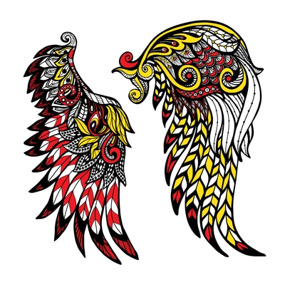 Hand drawn colored wings set with decorative feathers isolated vector illustration