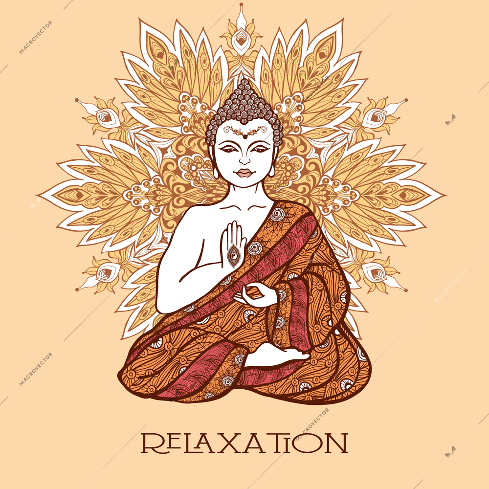 Buddha sitting in lotus position with ornamental mandala on background hand drawn vector illustration