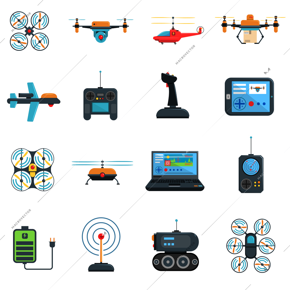 Drones icons set with laptop helicopter and plane flat isolated vector illustration