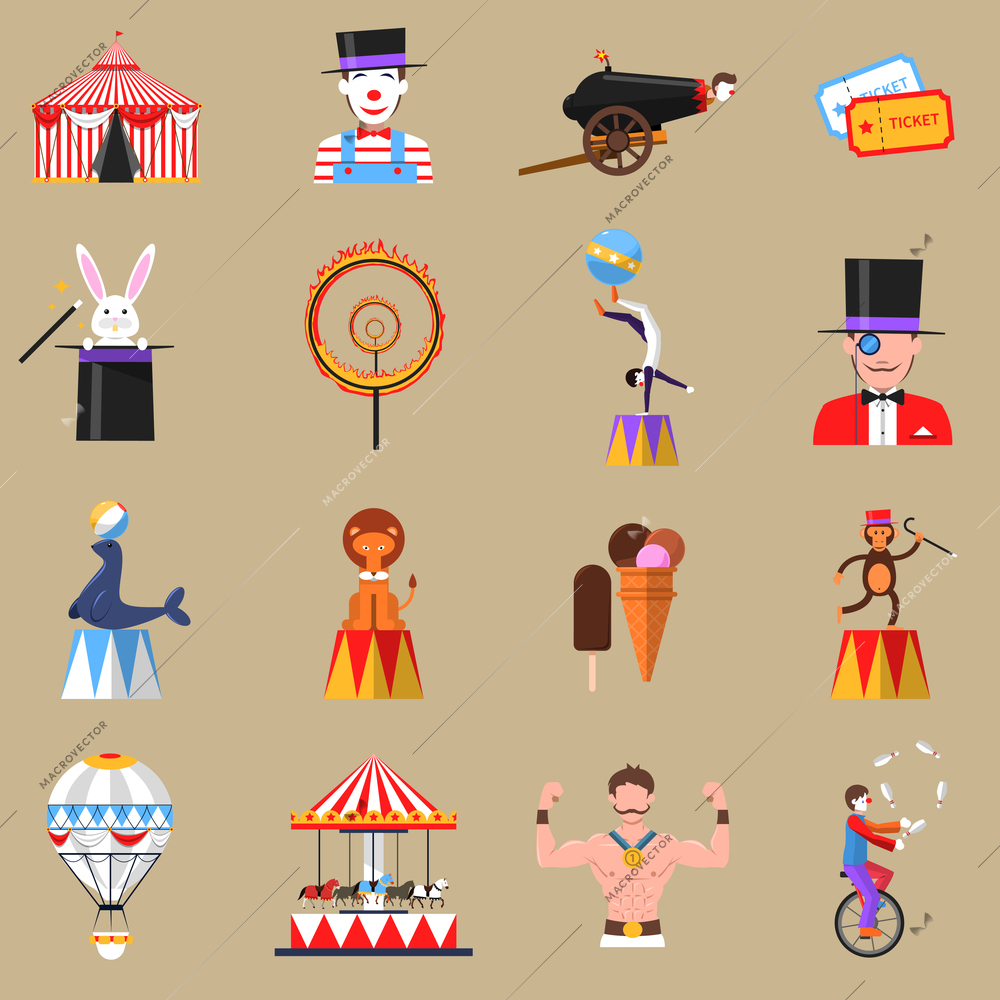 Vintage circus symbols flat icons set with strongman and clown with rabbit trick abstract isolated vector illustration