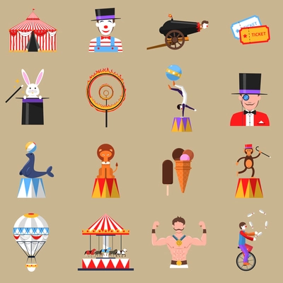 Vintage circus symbols flat icons set with strongman and clown with rabbit trick abstract isolated vector illustration