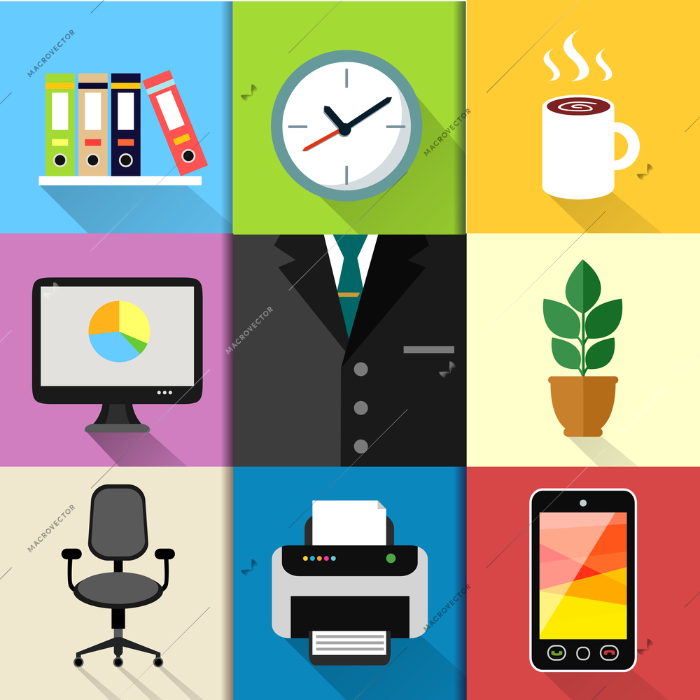 Business suits web design elements with laptop mobile phone printer clock and paper folders vector illustration