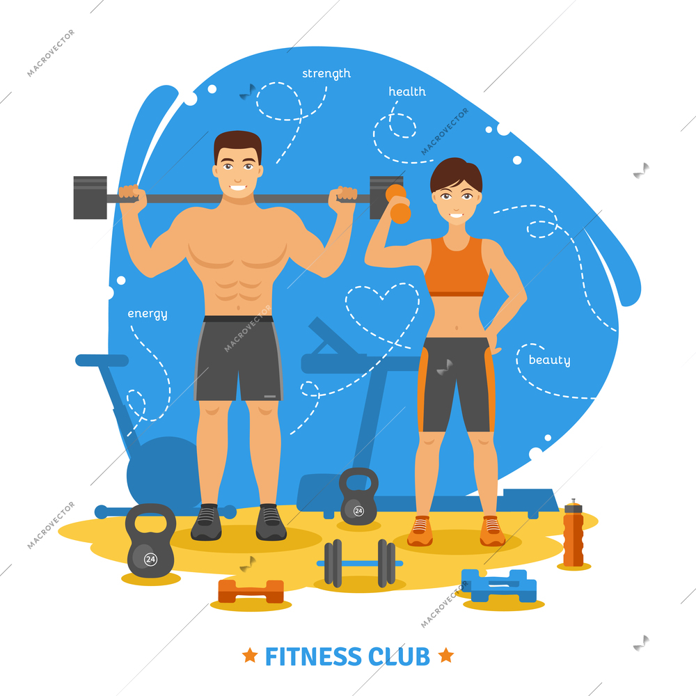 Fitness couple and fitness club concept with strength health and beauty symbols flat vector illustration