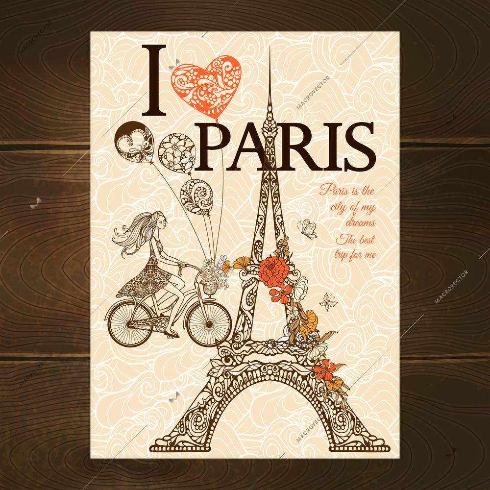 Vintage paris poster with Eiffel tower and girl riding a bicycle sketch vector illustration