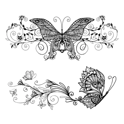 Decorative monochrome butterflies set with floral decoration isolated vector illustration