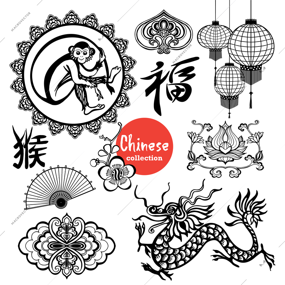 Chinese design elements set with asian lanterns and decorative fan isolated vector illustration