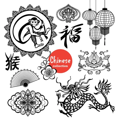 Chinese design elements set with asian lanterns and decorative fan isolated vector illustration