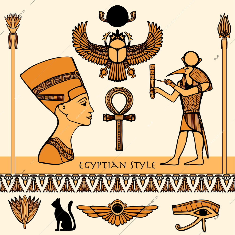 Egypt colored symbols set with Nefertiti profile isolated vector illustration