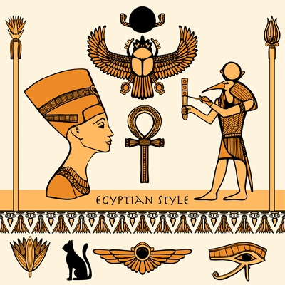 Egypt colored symbols set with Nefertiti profile isolated vector illustration