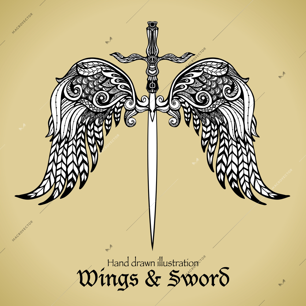 Retro sword with gothic ornamental wings royal emblem sketch vector illustration