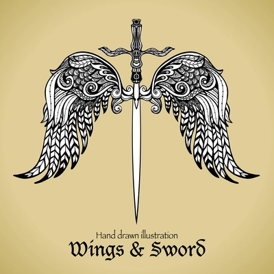 Retro sword with gothic ornamental wings royal emblem sketch vector illustration