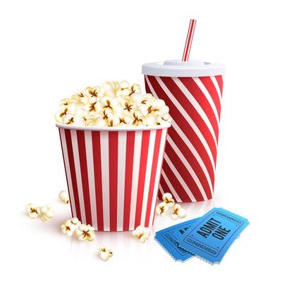 Cinema set with cola glass popcorn bucket and tickets realistic vector illustration