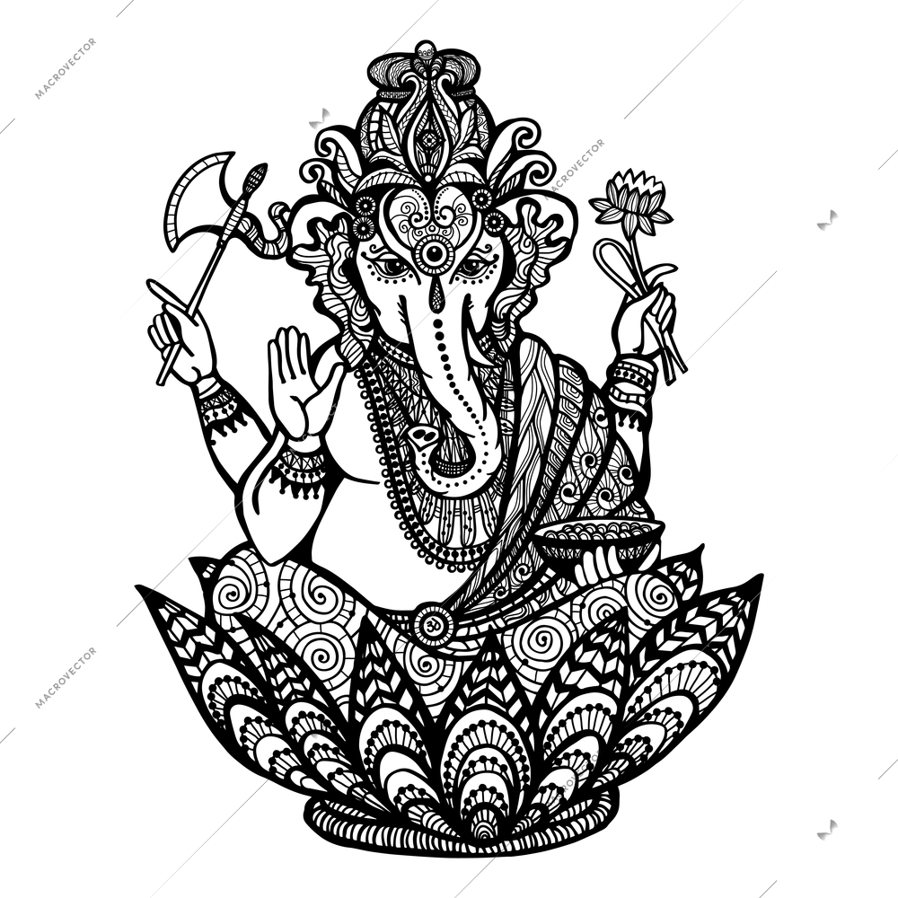 Decorative ganesha hindu god sitting in lotus flower hand drawn vector illustration