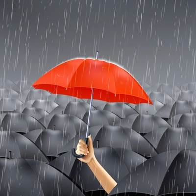 Human hand holding red umbrella under many black umbrellas realistic vector illustration