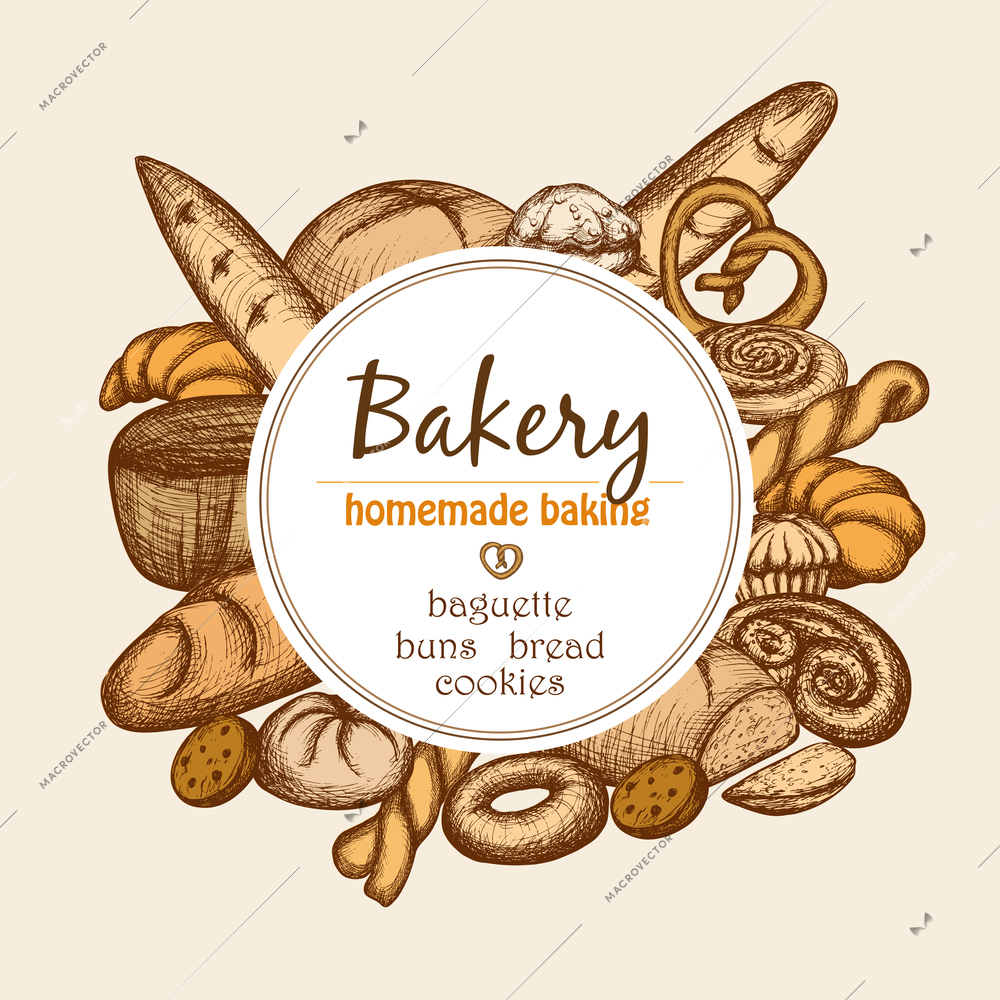 Vintage bakery frame with hand drawn pastry and bread set vector illustration